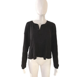 Casual Black Cotton Henley Top (S/M)